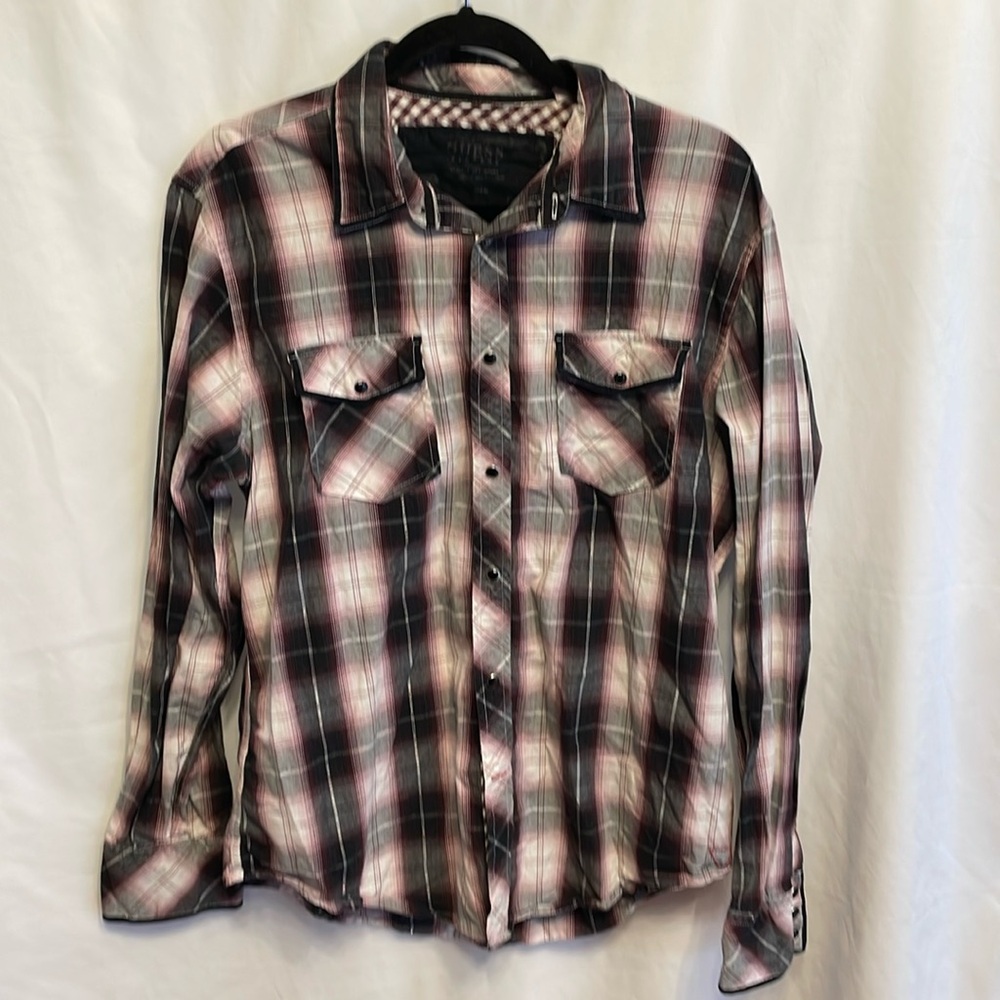 GUESS‎ Vintage Long Sleeve Snap Button Plaid Western Shirt Large Cowboy Ranch